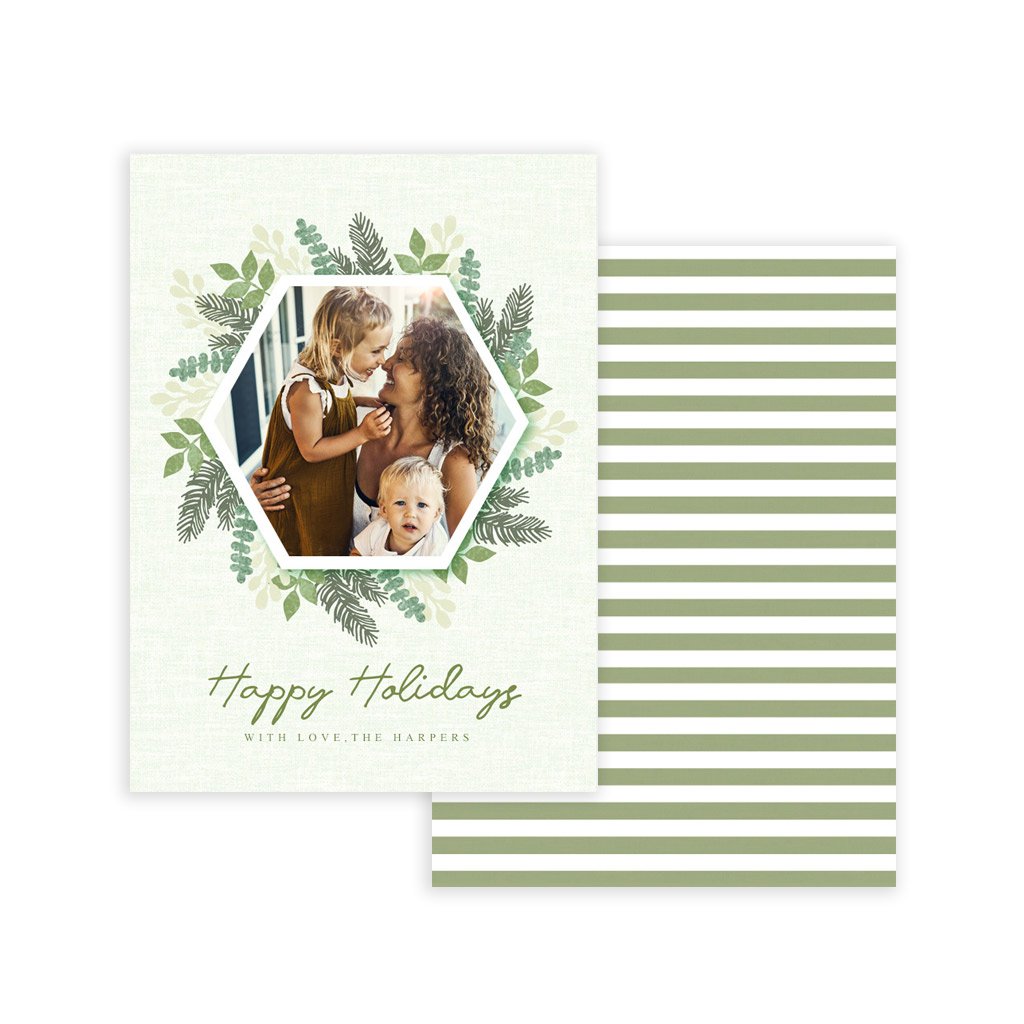 Holiday Card Template - Green Wreath &amp; Stripes