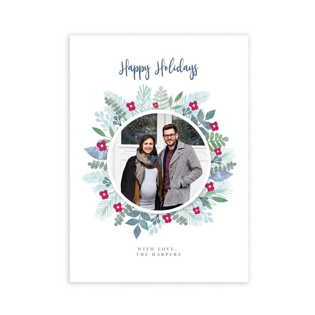 Holiday Card Template - Blue Wreath
